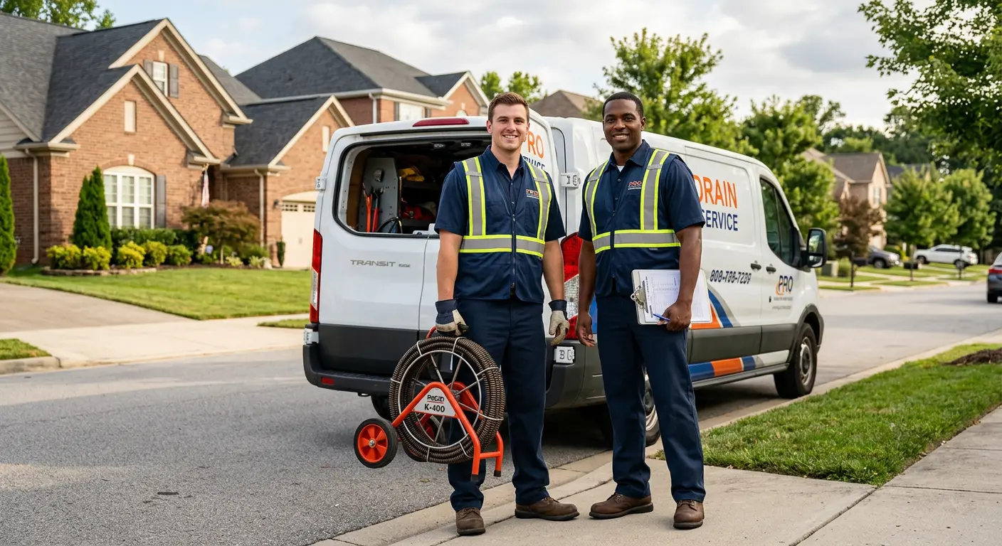 Sewer and drain service team with equipment ready for work in Euless