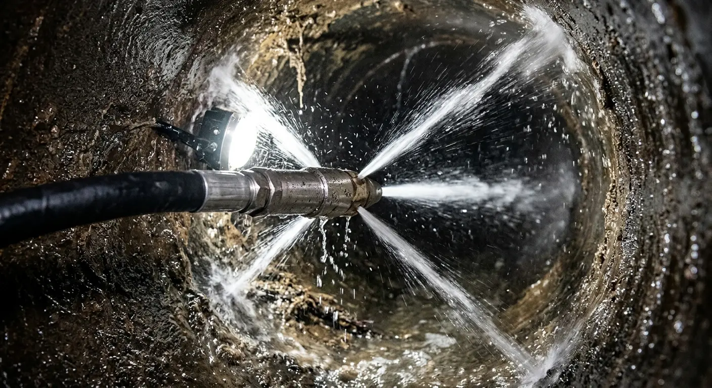 High-pressure hydro jetting nozzle cleaning sewer pipe for Emergency Drain Service in Euless