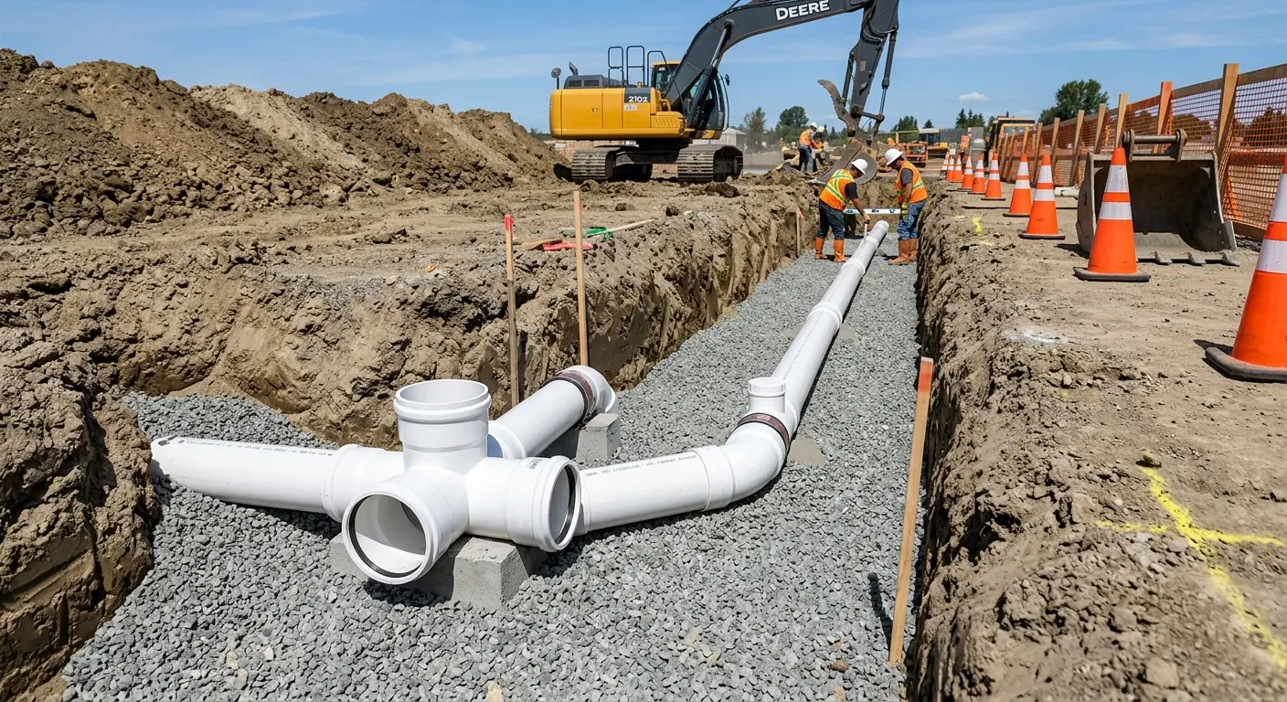 New PVC sewer pipe installation in open trench for Sewer Backup in Euless