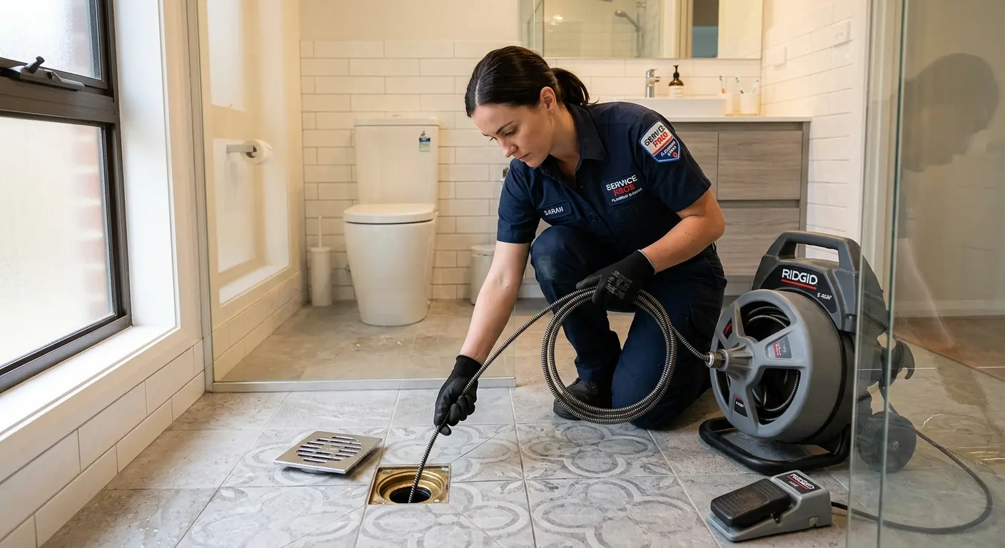 Technician clearing a bathroom floor drain for Drain Cleaning in Euless